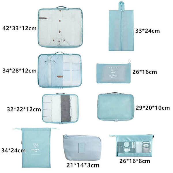Reseväska-set med 9 delar, bärbara väskor, perfekt för förvaring av skor och kläder i resväskan Navy  9-piece set