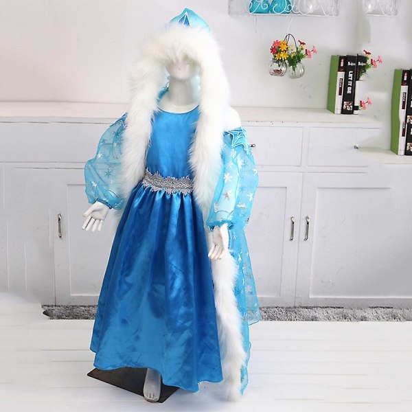 Frozen Queen Elsa Lyxig Klänning för Barnflickor Cosplay Tulle Poncho Klänningar Outfit Kostym - Blå 6-7 Years