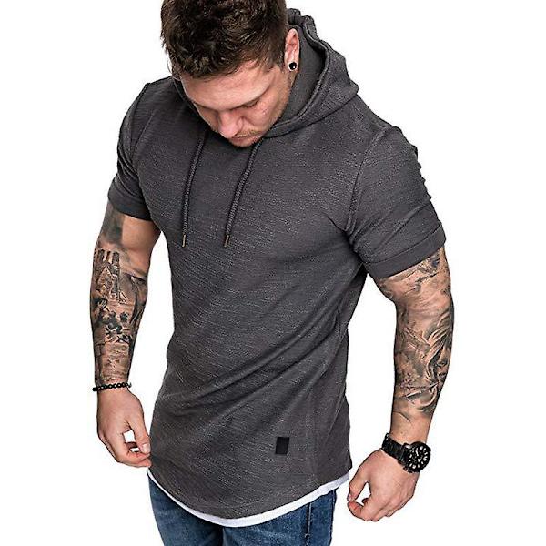 Kortärmad t-shirt med huva för män sommar, casual huvtröja Sporttoppar Gray 2XL