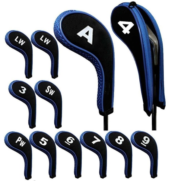 12st Golf Head Cover Golf Club Iron Protect Set med nummer & blixtlås lång hals Blue