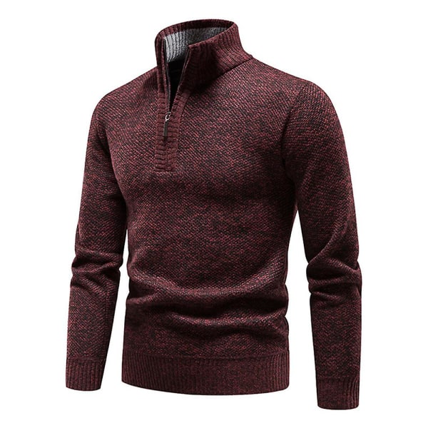 Høy halsgenser for menn med glidelås, lang ermet, strikket pullover Wine Red L