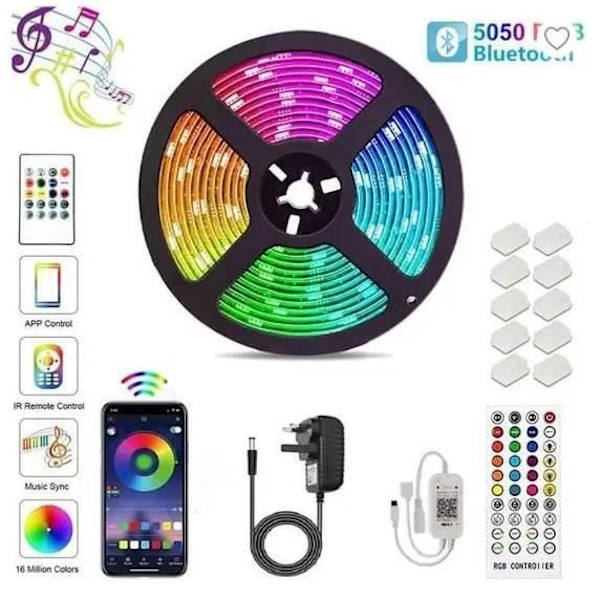 LED 10M 5050 RGB 180 - Bleutooth LED-remsa med 44-tangenters fjärrkontroll + Styrs via Smartphone APP