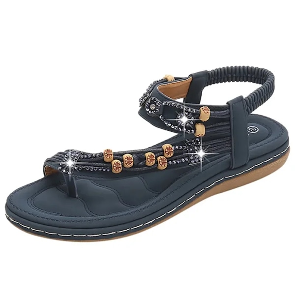 Bohemiska sandaler för kvinnor 2025 Retrodetaljer med strass och pärlor Rund tå och platt sula Blue 40