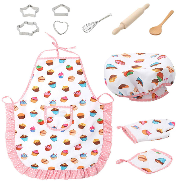 11 stk. børneforklæde og kokkehatsæt, børnekokkostume kompatibel med drengepiger bagning -hg
