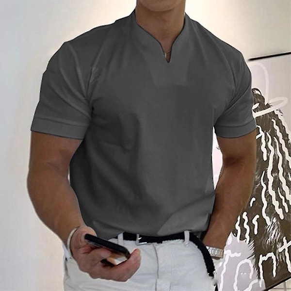 Mænds V-hals Kortærmet Retro Almindelig T-shirt Toppe Grey L