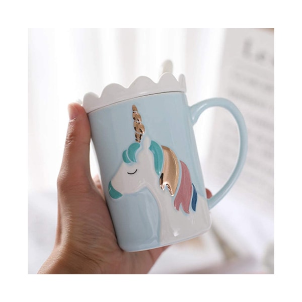 Søte krus Keramisk Unicorn Mug morsomt kaffekrus Unike melketekopper med blondelokk og skje for barn, kvinner, jenter - blå