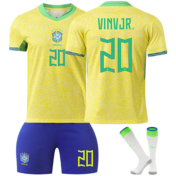 24-25 Brasilien hemmatröja kortärmad fotbollströja set+strumpa+skyddsutrustning-Vinicius 22(120-130cm)