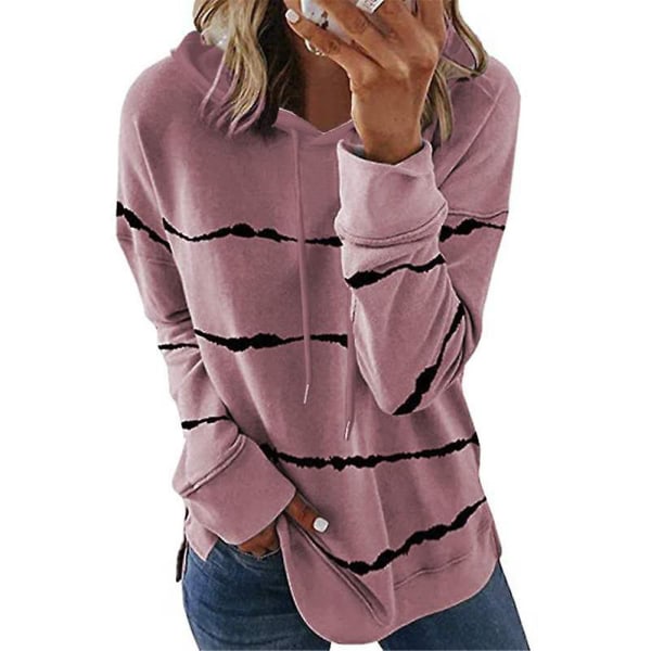 Naisten raidallinen hupullinen villapaita casual topit collegepaita löysät pitkähihaiset hupparit Pink XL