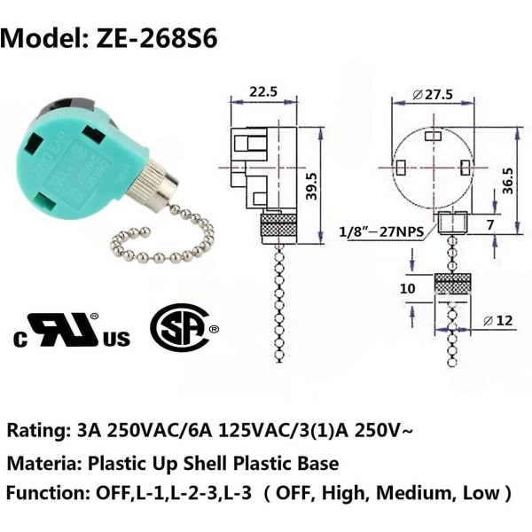 Takfläktomkopplare 3 hastigheter 4 trådar Zing Ear Ze 268s6 Pull Chain Switch Control Kompatibel 3 hastighetskontrollbrytare Takfläktar, Vägglampor, Skåp Lätt