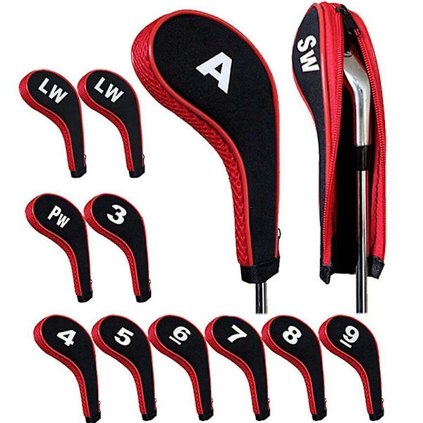 12 st Golfhuvudskydd Golfklubba Järn Skyddssats Med Nummer & Blixtlås Lång Hals Red