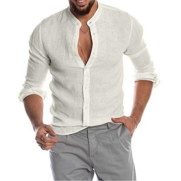 Herre Button Down skjorter Langærmede Strand Casual Shirt Toppe White L