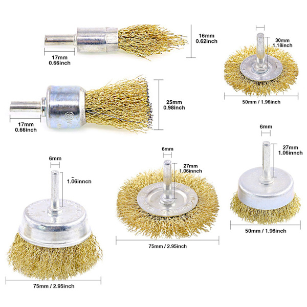 Trådhjulskålborste Set Kopparpläterat Stål Slipning Polering Borstar för Borrfäste 6PCS