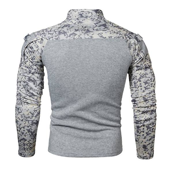 Mænds Patchwork Camo Langærmet Zip Mock Neck T-shirt Sports Tops Light Grey 2XL