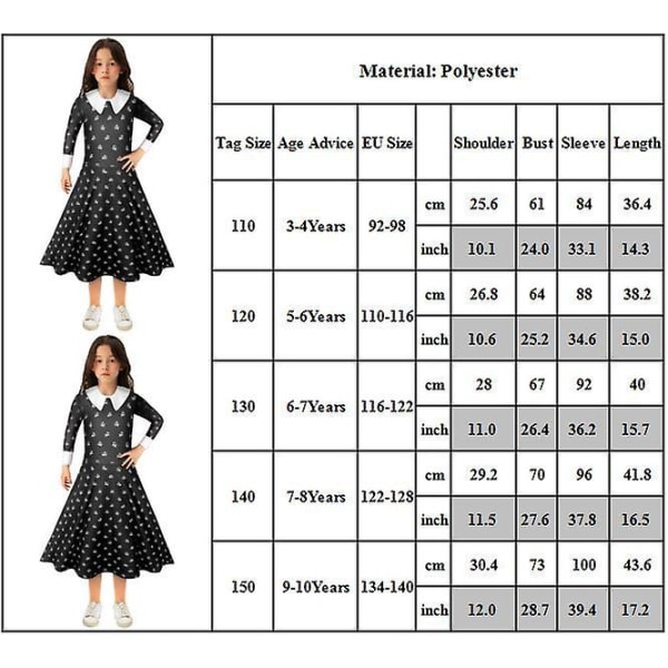 3-10-vuotiaille tytöille Addams Familyn Wednesday-mekko, naamiaisasu, cosplay-asu, juhlapukeutuminen, lahja 7-8 Years