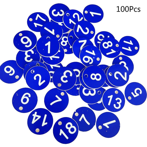 100 stk. Plast-id-nummermærker 1-100 indgraveret nummer-id-mærke farvet til nøglering hg Blue