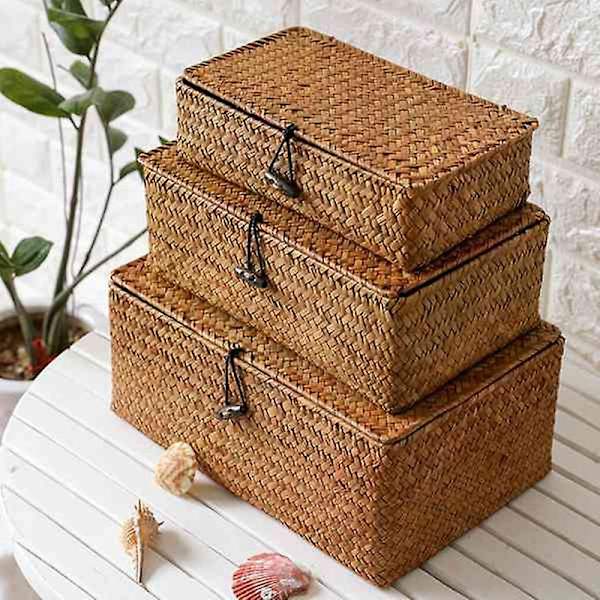 Vävda Halmkorgen med Lock - Set om 4 - Rektangulär Sjögräs Korg/ Korg för Hylla Organiserare