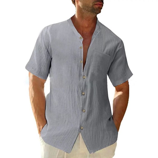Mens Summer Stand Collar Shirts Kortärmade Button Shirts Holiday Toppar Grey M