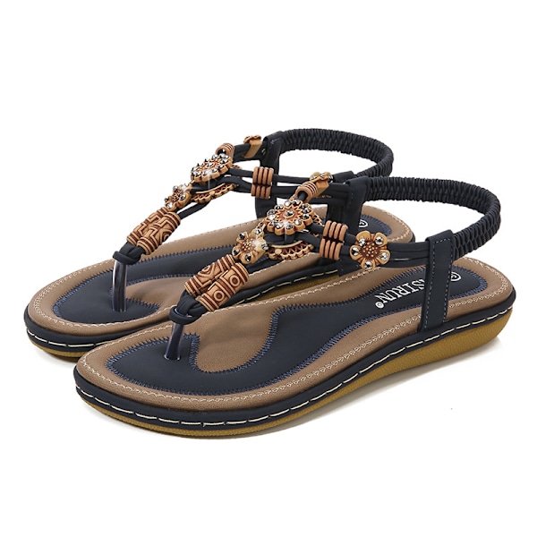 Sommarsandaler för dam 2025 Boho Chic - Vävd Platt Flip-Flop med Träpärlor Dark blue 38