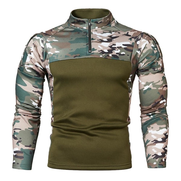 Menn Patchwork Camo Langærmet Zip Mock Neck T-skjorte Sports Topper Green M