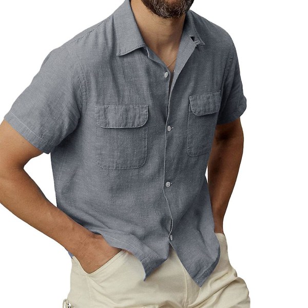 Kortærmede mænd med knap skjorte sommer afslappet toppe med lommer Grey 2XL