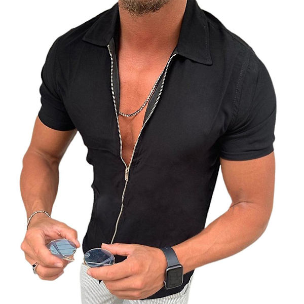 Herrar Slim Fit Skjortor Zip Up Skjorta Toppar Black 3XL