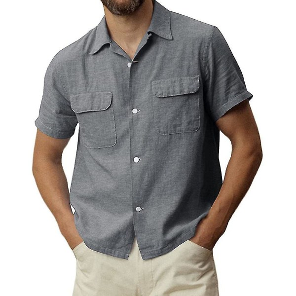 Kortermet herreskjorte med knapper Sommer uformelle topper med lommer Grey 2XL