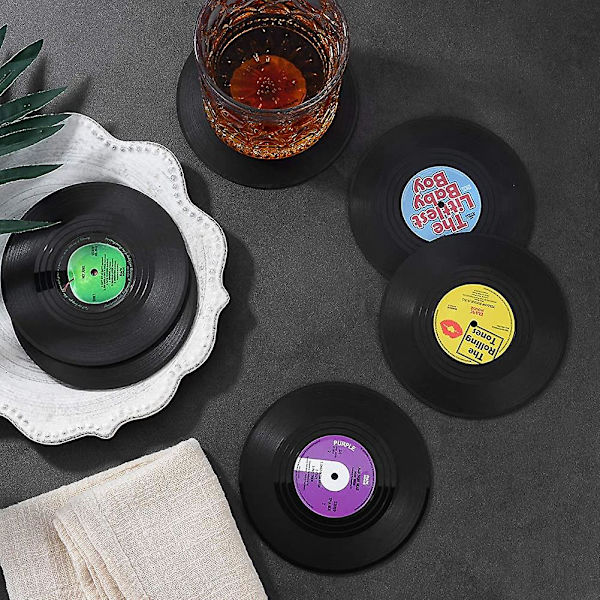 Musikkunderlag med vinylplateholder, sett med 6 drikkeunderlag for musikkelskere