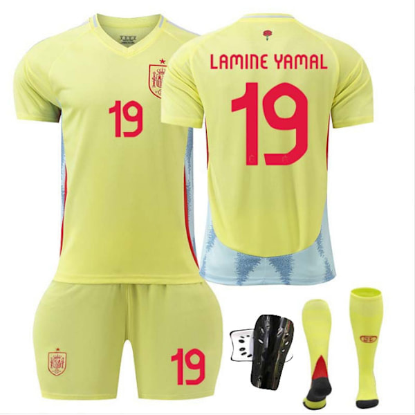 2425 Spanien udebanetrøje Yamal fodbold uniformsæt+sok+beskyttelsesudstyr 4XL(210-215cm)