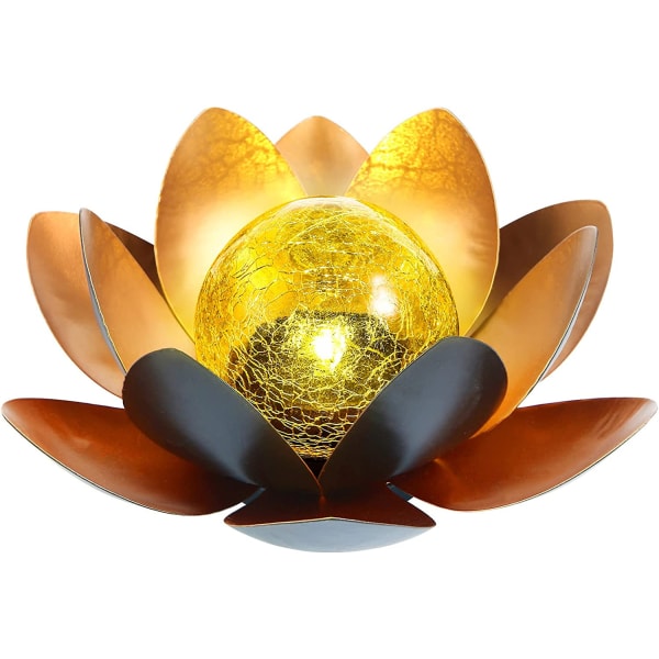 Solar Lotus Light Garden Outdoor pöytäsisustus, Amber Crackle Globe Glass Lotus Flower -valokoristelu, Metal Lotus Flower -valaisin vedenpitävä