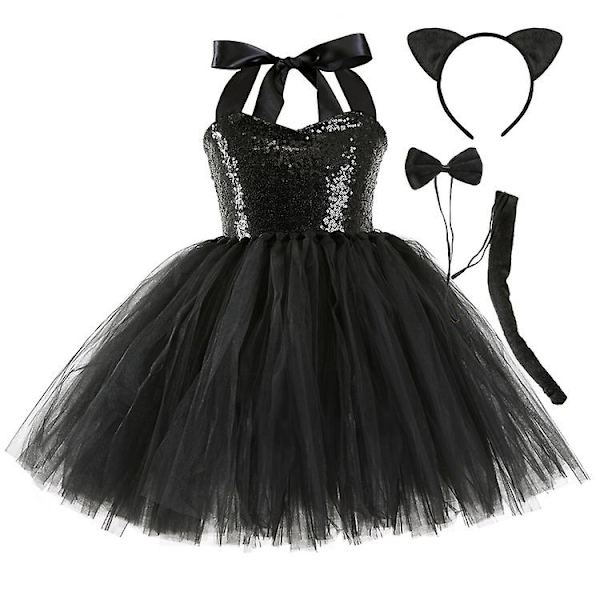 Pigekostume til Piger - Sort Kattedragt til Cosplay, Fest og Karneval med Hårtilbehør og Hale -hg 8T(125-140CM)