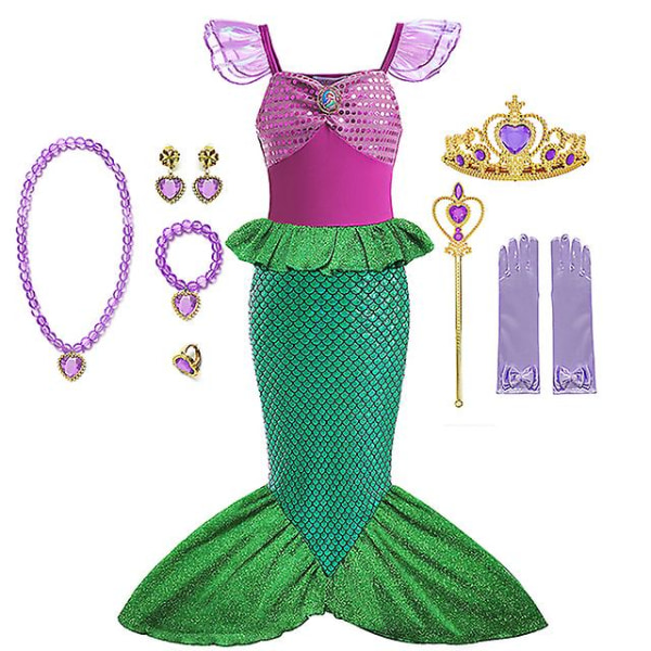 Disney Little Mermaid Ariel Prinsessdräkt Barnklänning För tjejer Cosplay Barn Karneval Födelsedagsfest Kläder Sjöjungfruklänning V 9-10T(size 150) 10pcs Mermaid Set