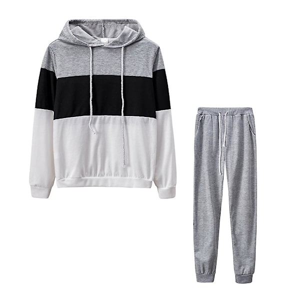 Dame Treningsdrakt med Hetter, Fargeblokk Hetter Topper + Enkle Bukser, Sports- og Treningsantrekk Black XL