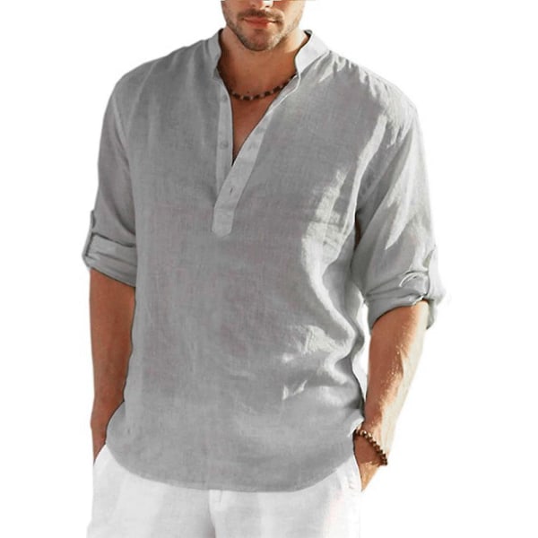 Henley skjorte for menn Langermet Casual Beach Loose Fit skjorter Topper Grey M