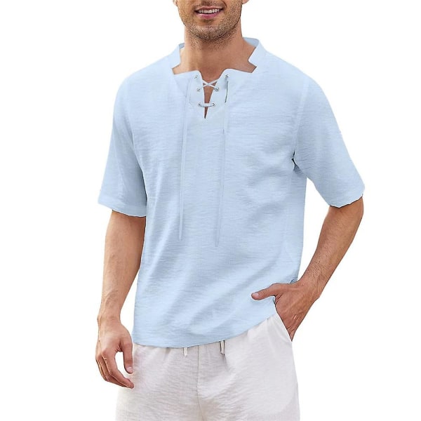 Herreoverdeler Vanlig kortermet sommer T-skjorte med snøring i halsen Blue M