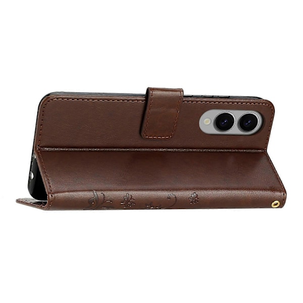Læder Wallet Case med Sommerfugl og Blomster til Samsung Galaxy S25 Edge med Rem Multicolor Brown