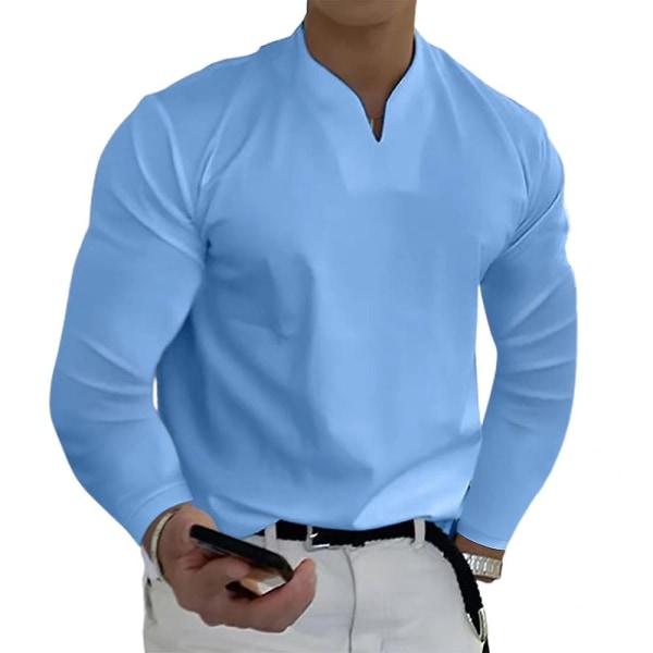 Herre V-hals Solid T-skjorte Uformelle langermede topper Light Blue 2XL