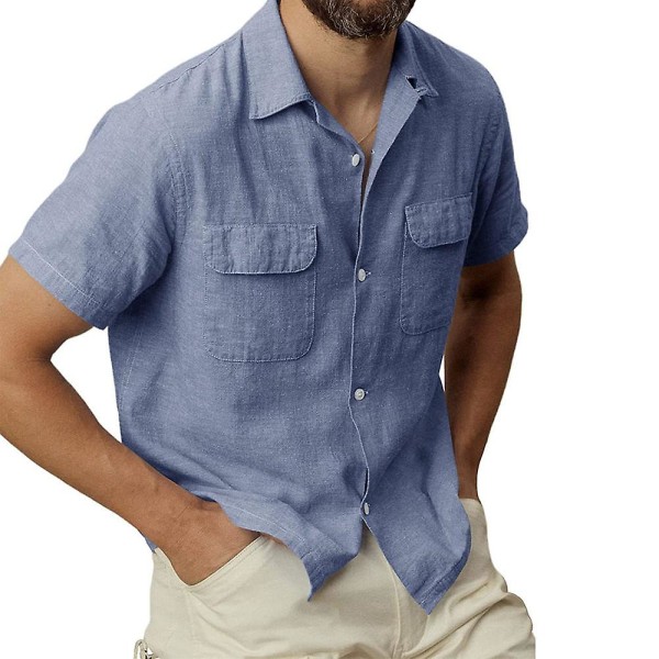 Kortærmede mænd med knap skjorte sommer afslappet toppe med lommer Dark Blue L