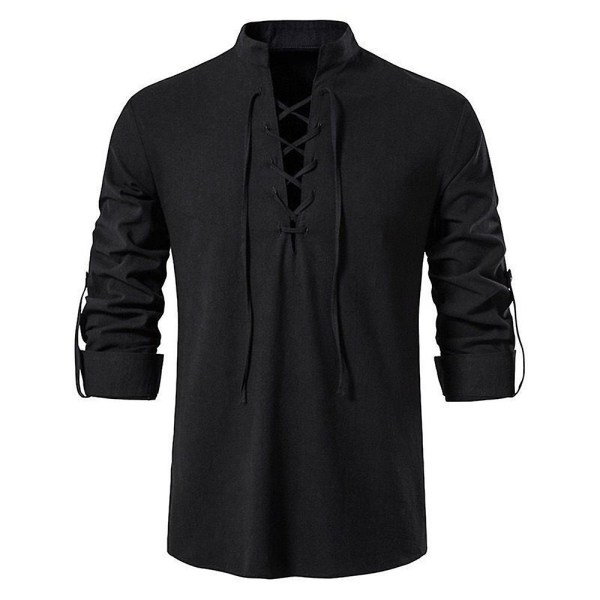 Skjorter med snørebånd til mænd i retrostil til middelalder, renæssance, vikingepirat, hippie Black 3XL