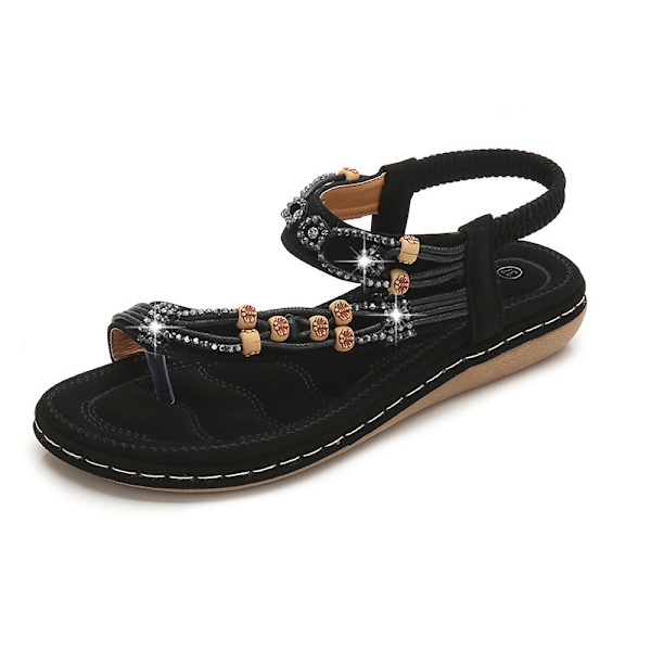 Bohemske sandaler for kvinner 2025 Retrodetaljer med rhinestones og perler Rund tå og flat Blue 40