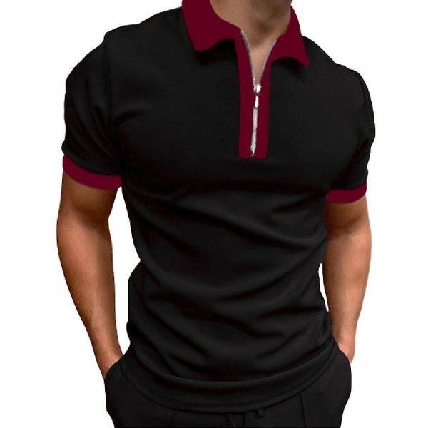 Herre polo shirt kortærmet sommer lynlås krave golf toppe Black Red M