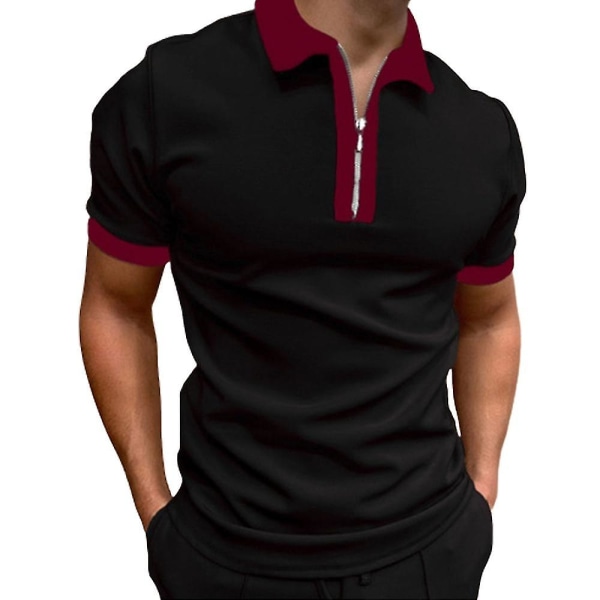 Mænds Polo Shirt Kortærmet Sommer Lynlås Krave Golf Toppe Black Red L