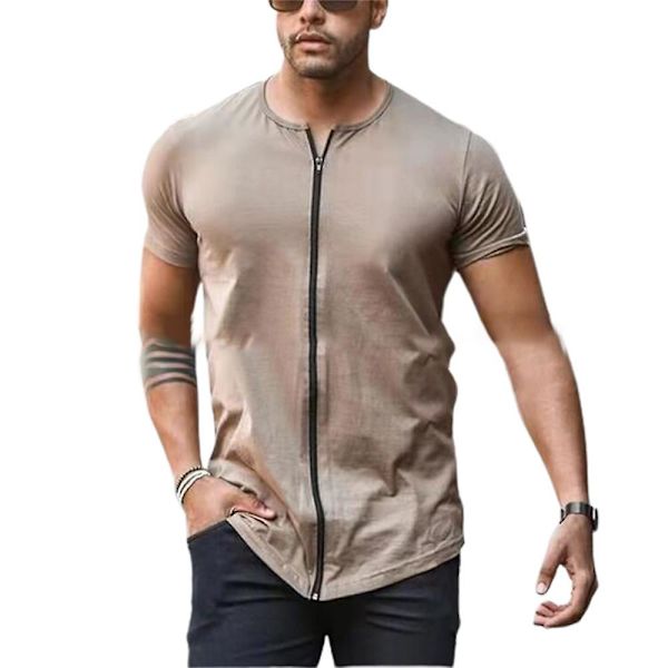 Herrar Sommar Casual Zip-Up Kortärmad Enfärgad T-shirt Khaki 2XL