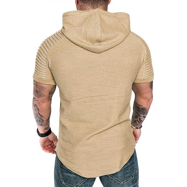 Herrar Plisserad Kortärmad Huvtröja Sommar Casual Sport Hoodies Toppar Khaki 2XL