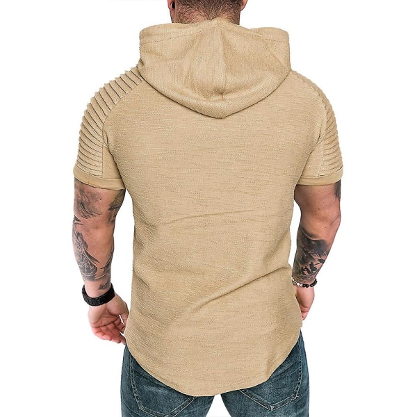 Herre plisseret kortærmet T-shirt med hætte Sommer Casual Sports Hættetrøjer Toppe Khaki 3XL