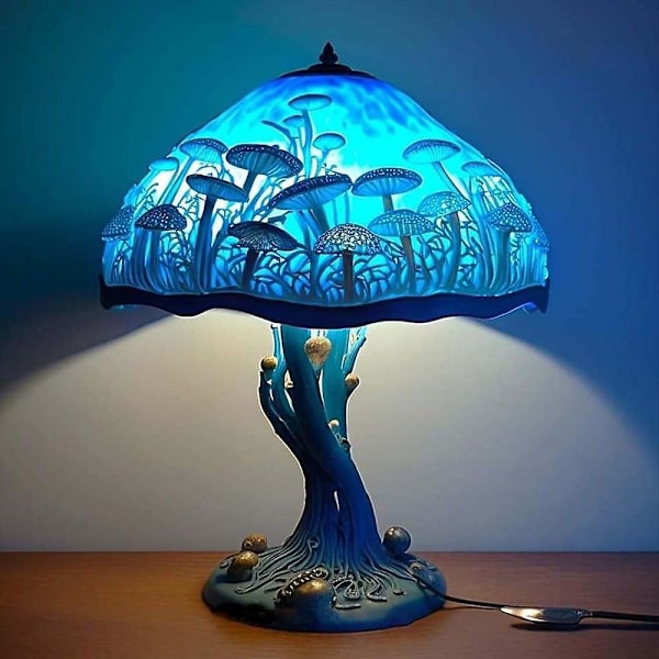 Malet Glas Svampe Bordlamper Boheme Harpiks Svampe Bordlampe Natlampe Til Hjem Og Kontor Blue Mushroom Table Lamp