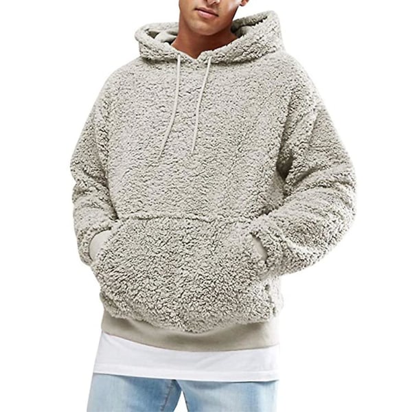 Mens Solid Drawstring Hooded Pullover Fleece Long Sleeve Hoodies Grey XL