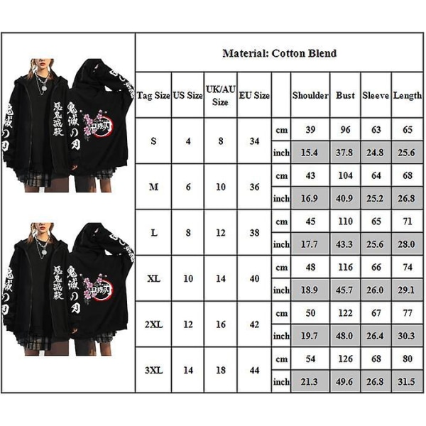 Demon Slayer Luvtröjor Vuxna Mode Casual Printed huvtröja Zip Up Jacka Kappa Toppar Presenter M