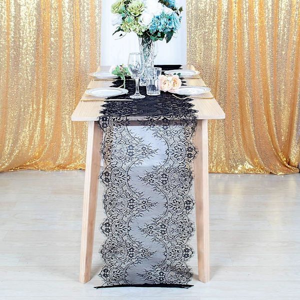 16x120 tommer Sort Blonder Dug - Elegant Blomster Boho Bryllupsdekoration