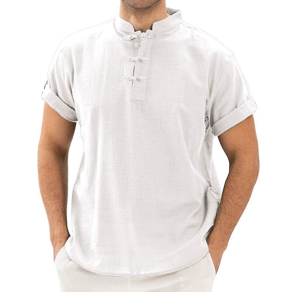 Mens Summer Casual Kortärmad Retro Vanlig Skjorta Toppar White XL