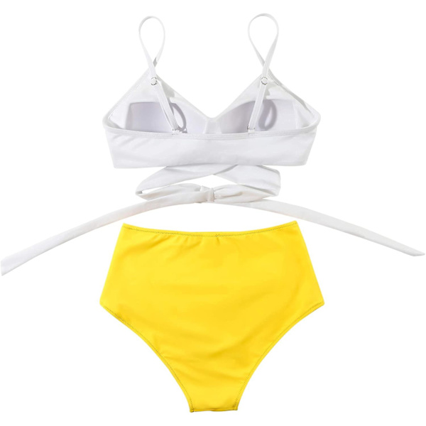 Kvinder Criss Cross Push Up svømmeoverdele Mavekontrol Halter Bikini Højtaljede badedragter Todelte badedragter White Yellow Large